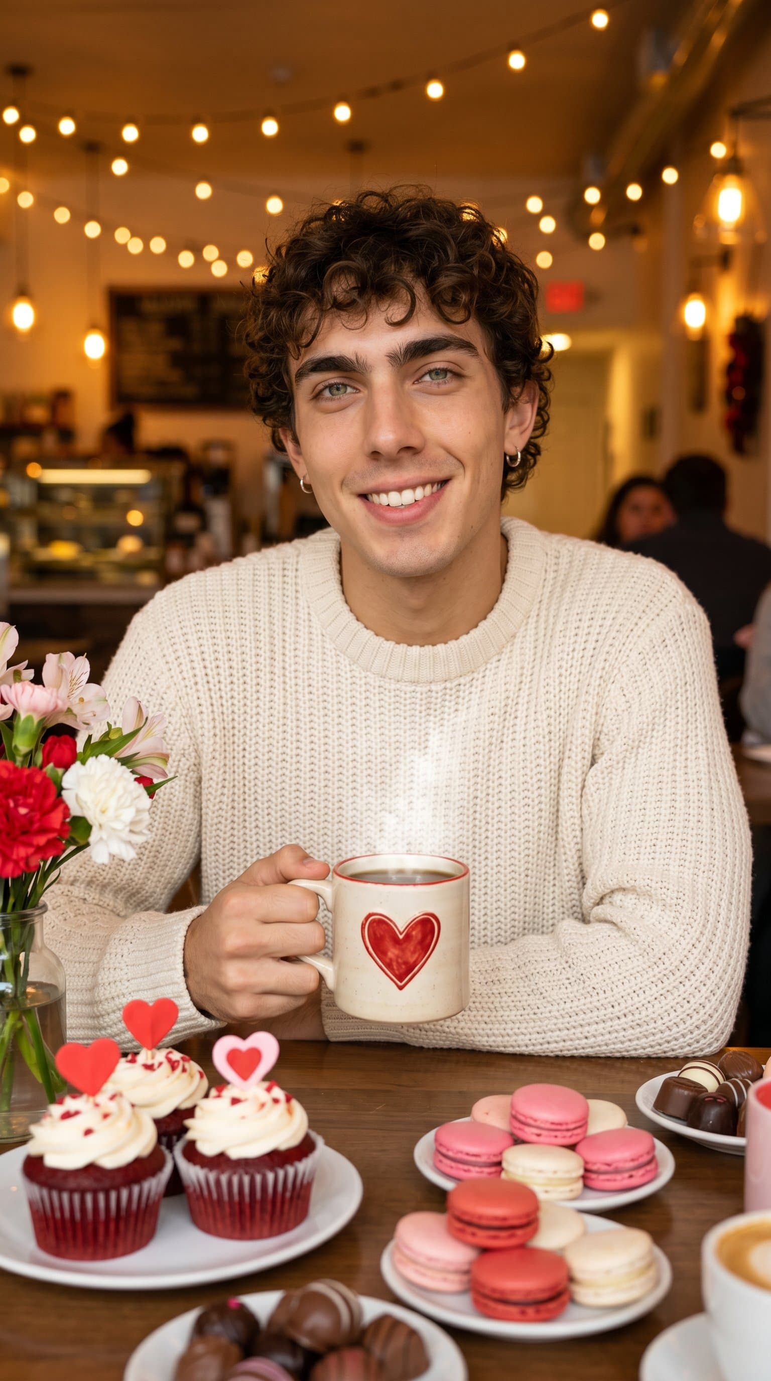 A man wearing a cozy sweater, sitting at a table a