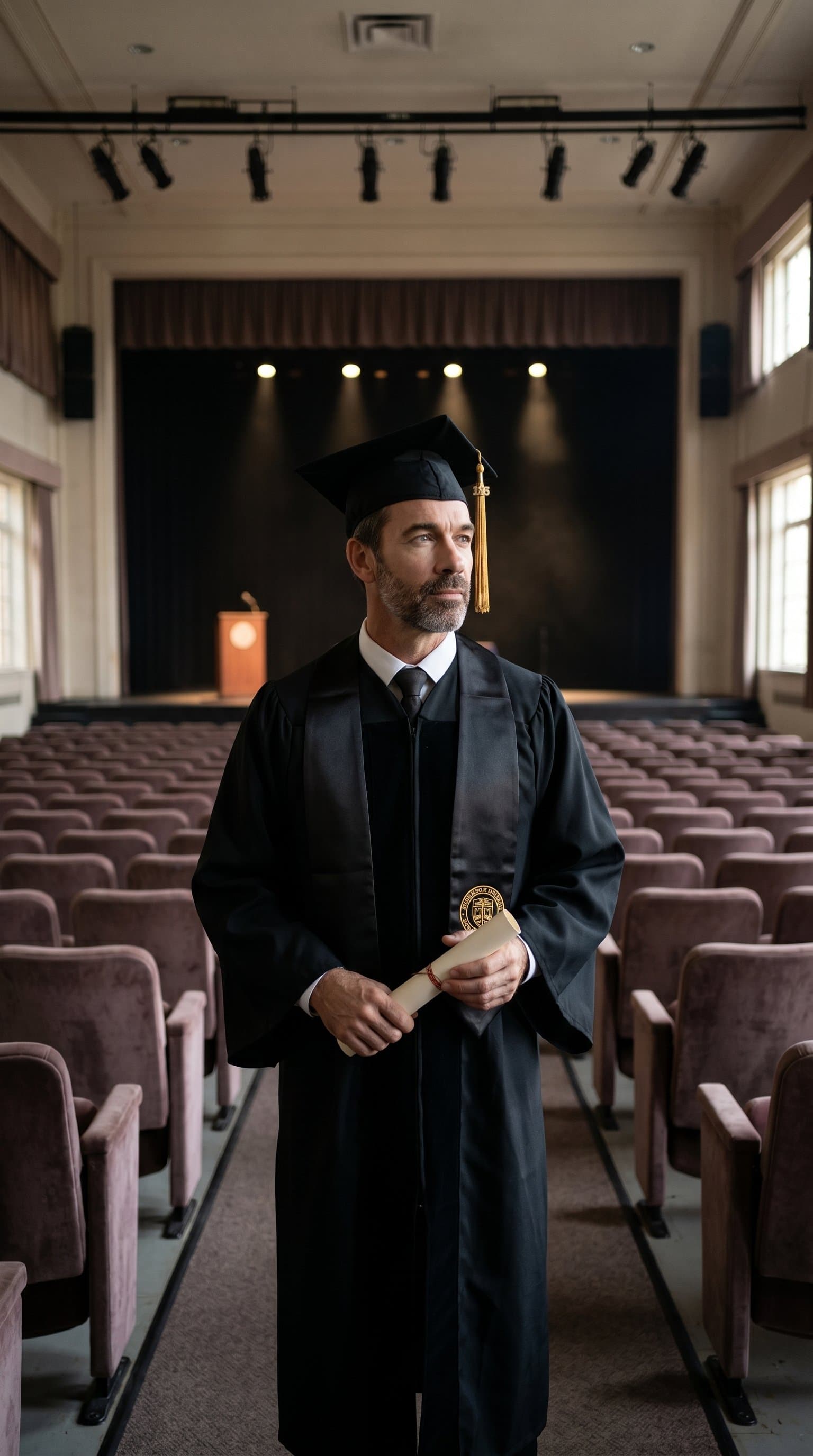 A man wearing graduation cap and gown, standing in