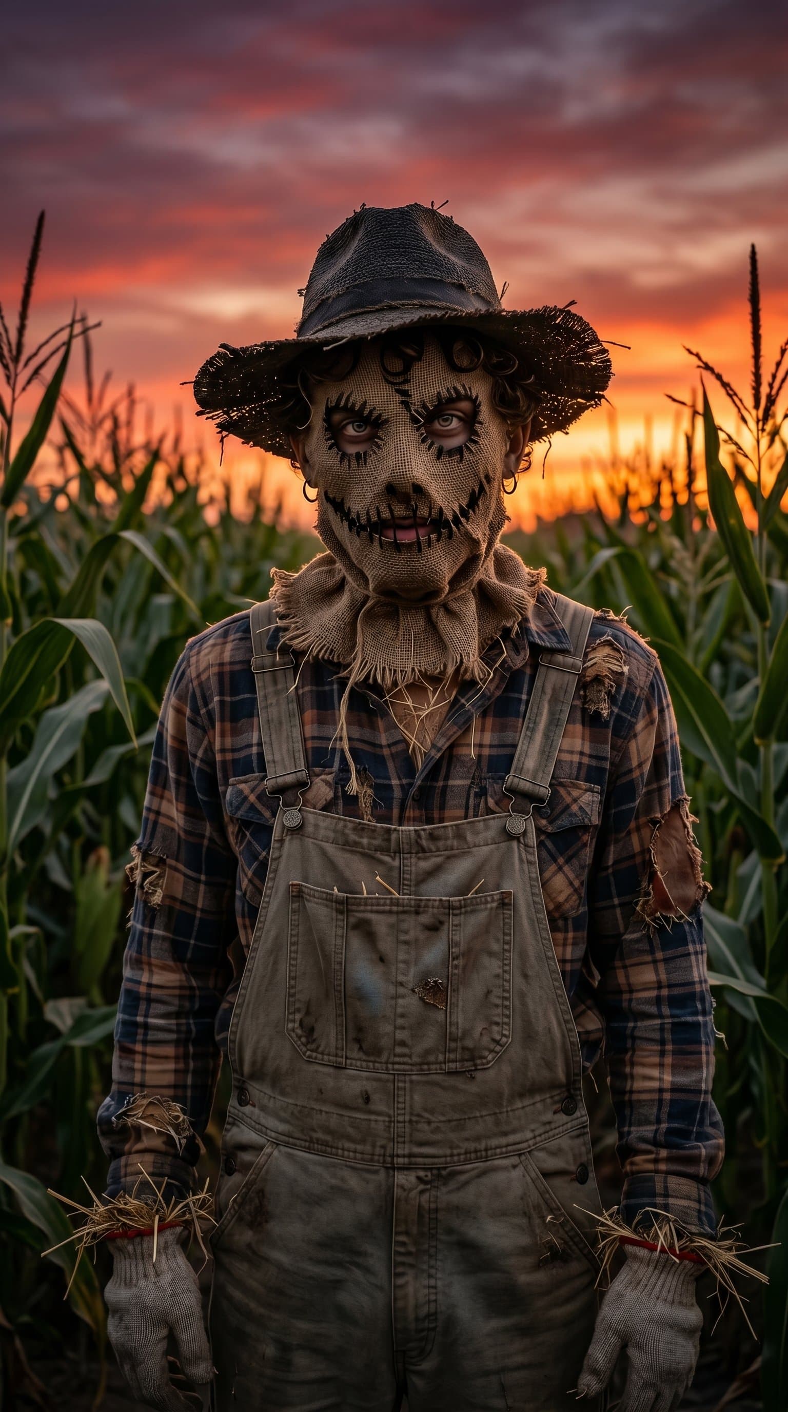 A man in a spooky scarecrow costume, standing in a