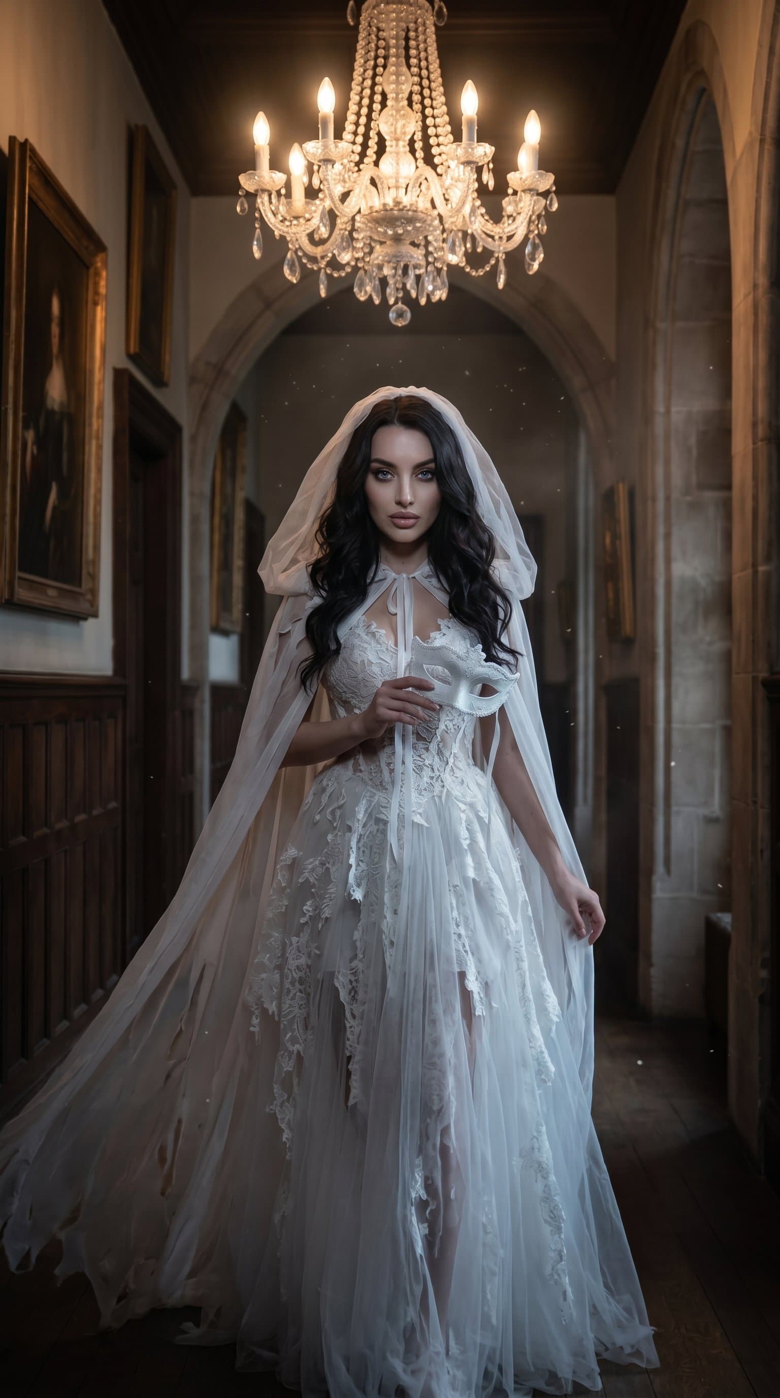 A woman in a phantom costume, haunting the halls o