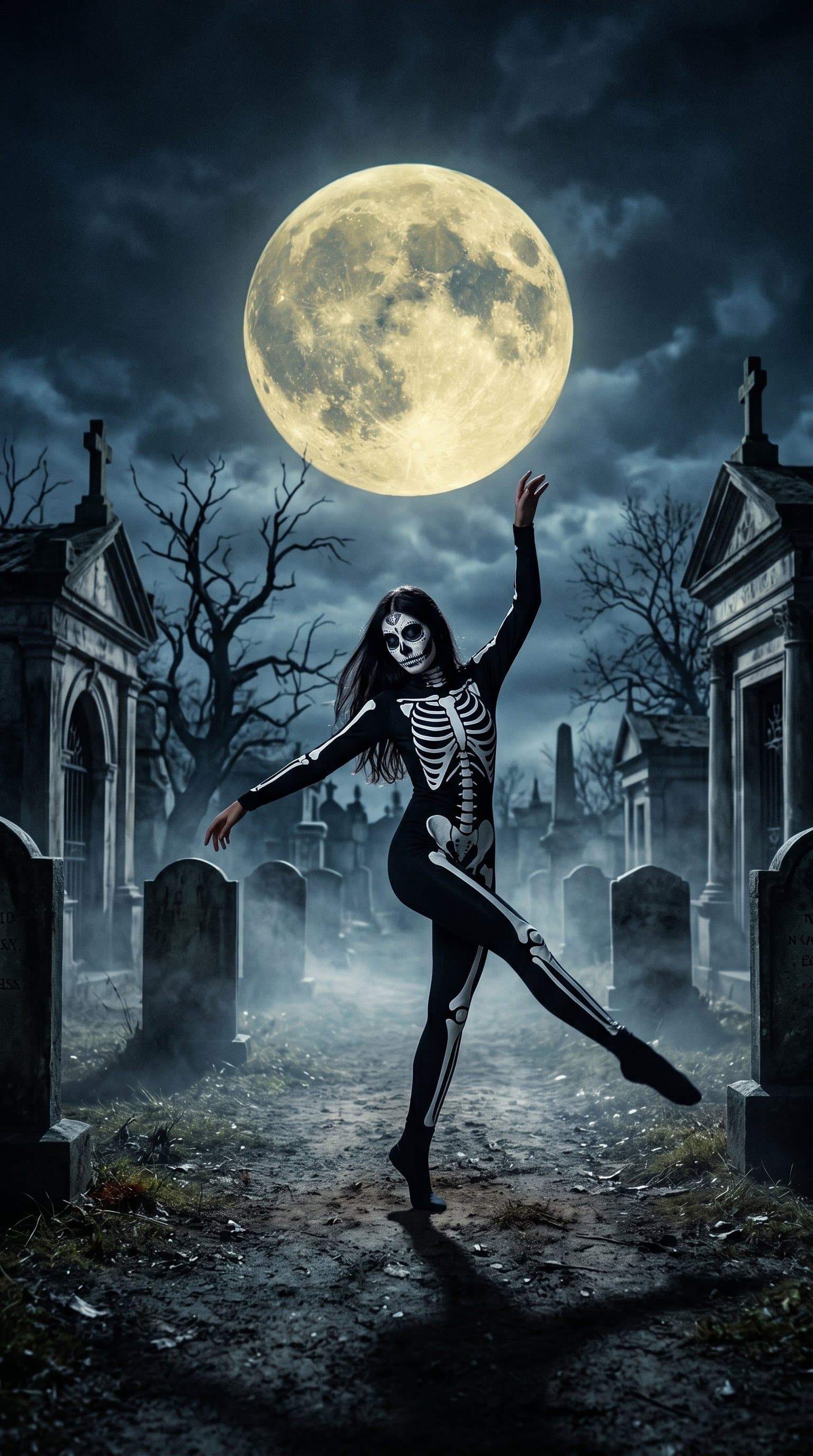 A woman in a skeleton costume, dancing amidst the