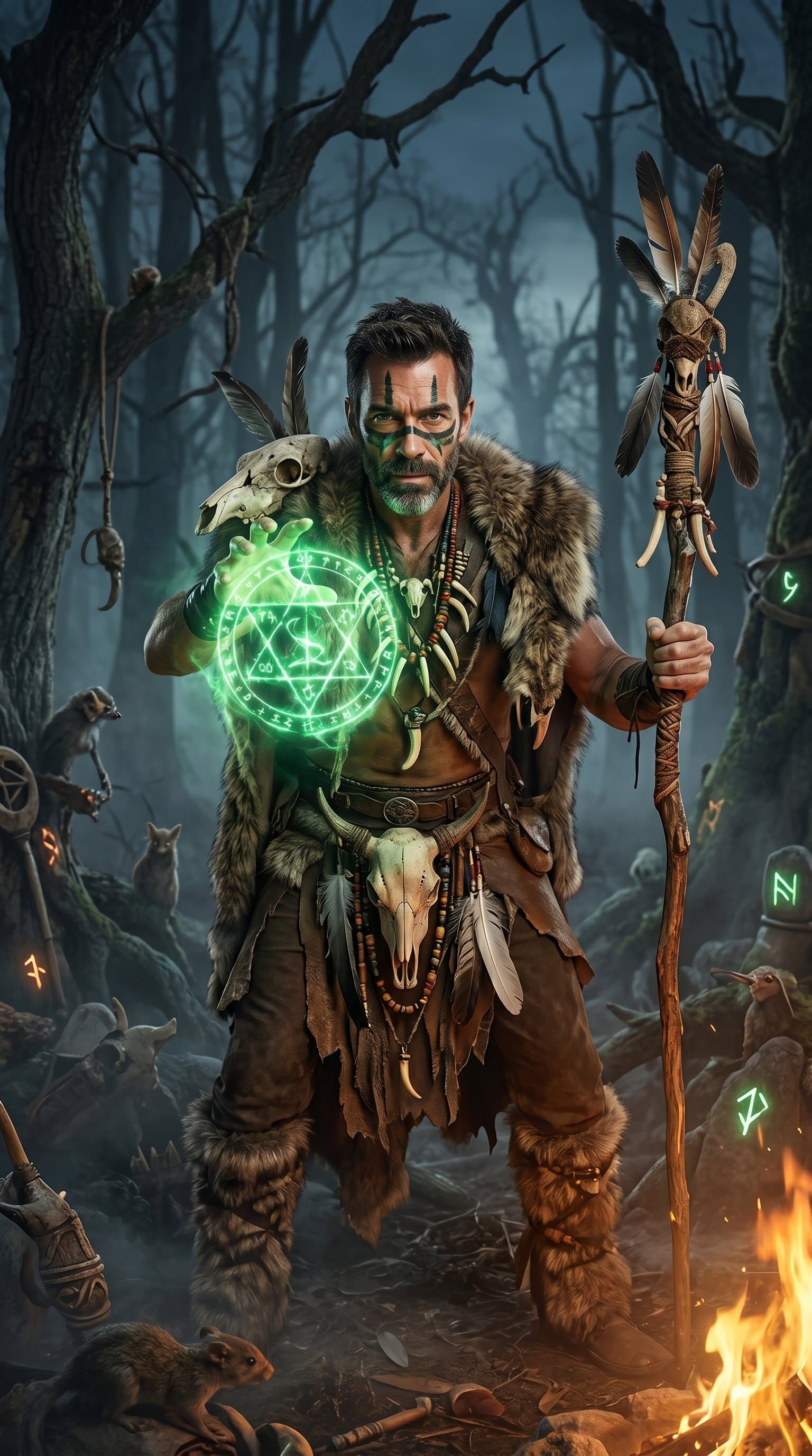 A man dressed as a witch doctor, casting a spell i
