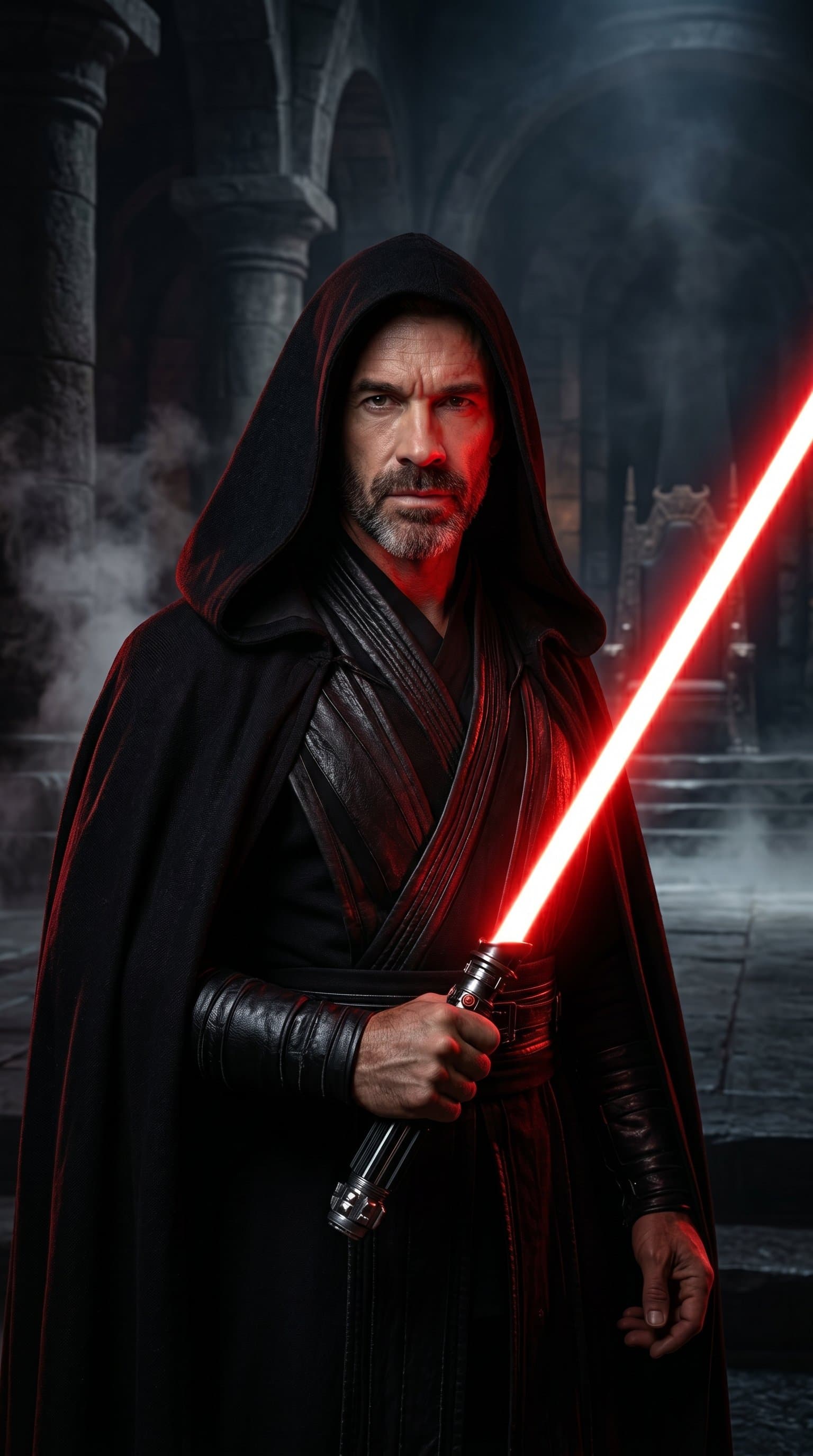 A man dressed as a Sith, in a dark and moody setti