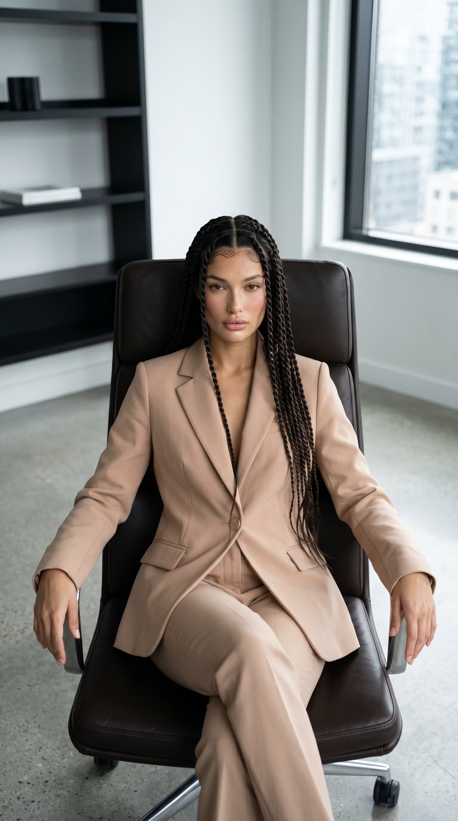 woman in a nude tailored suit sitting on a leather