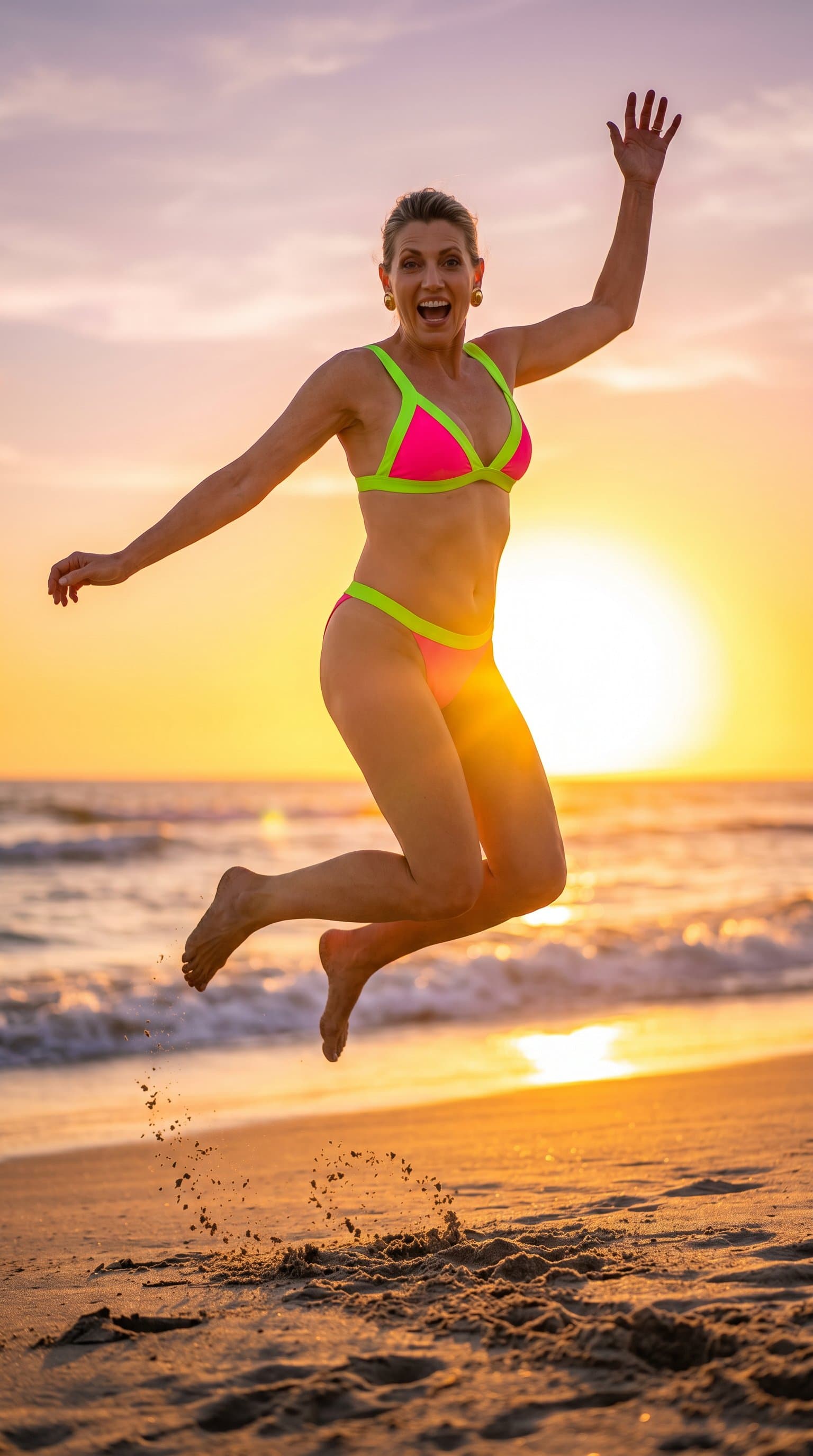 A woman in a neon bikini, jumping high on a sandy