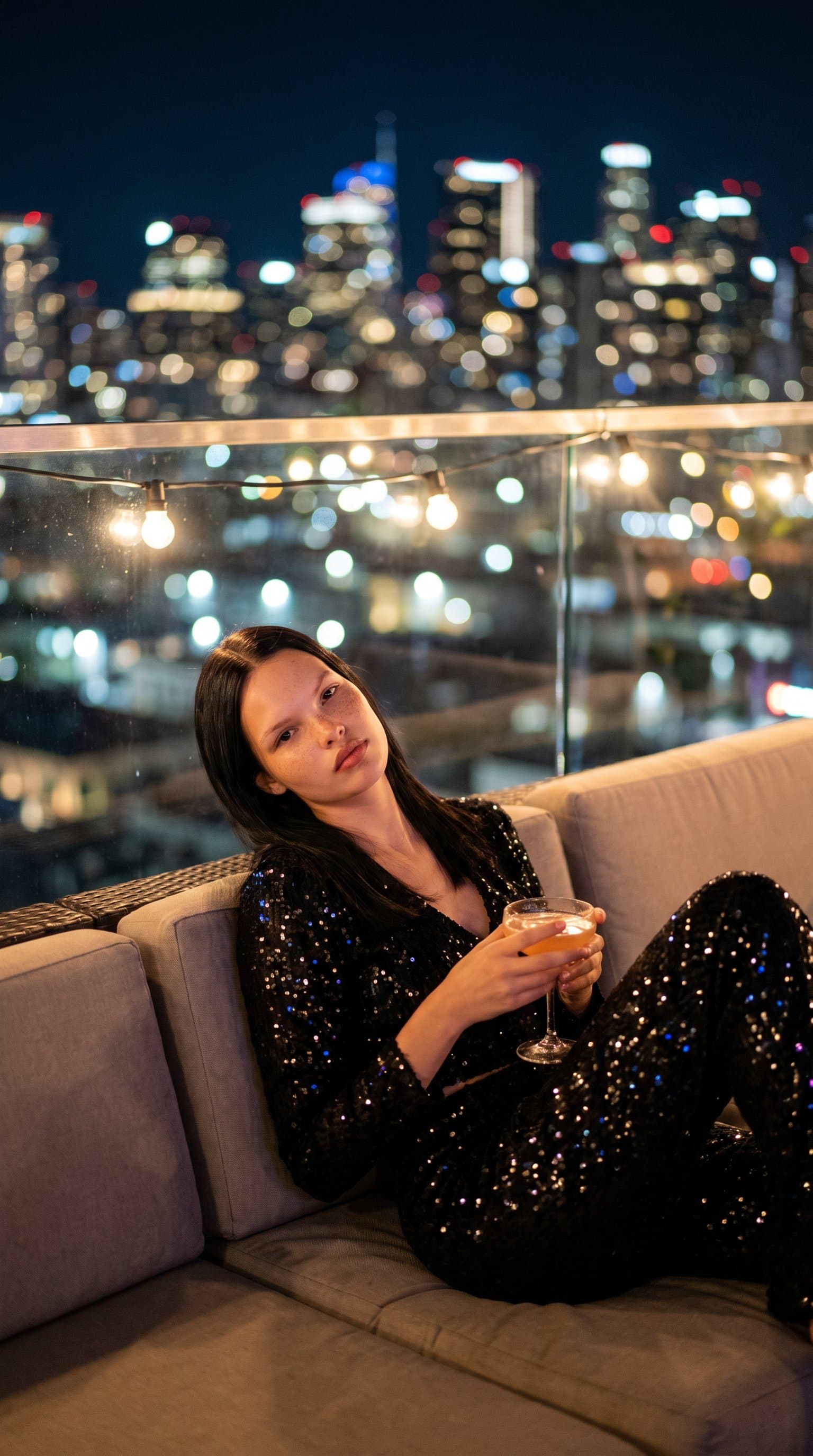 woman lounging on a rooftop, wearing a sequined ou
