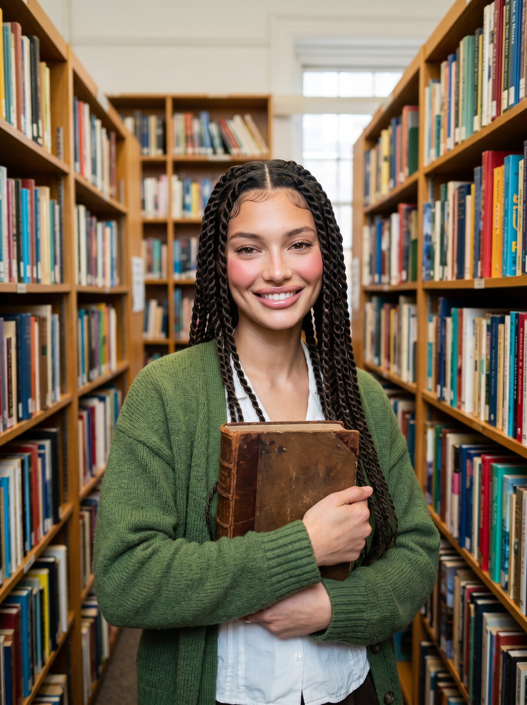 In a library setting, stands holding a thick book,