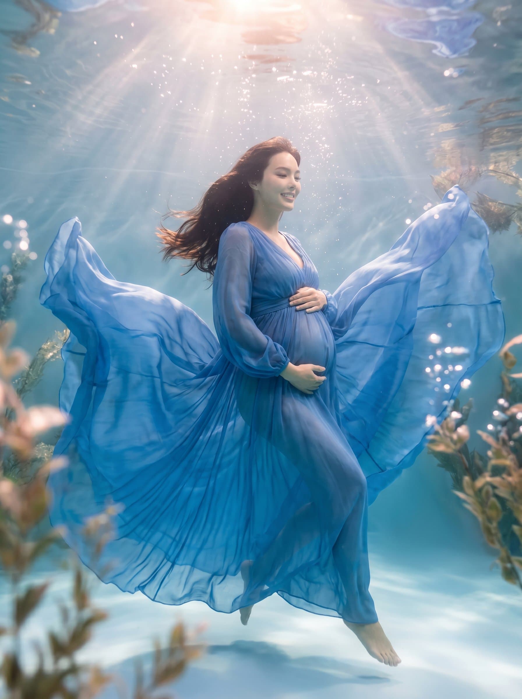 pregnant woman underwater in flowing blue dress, e