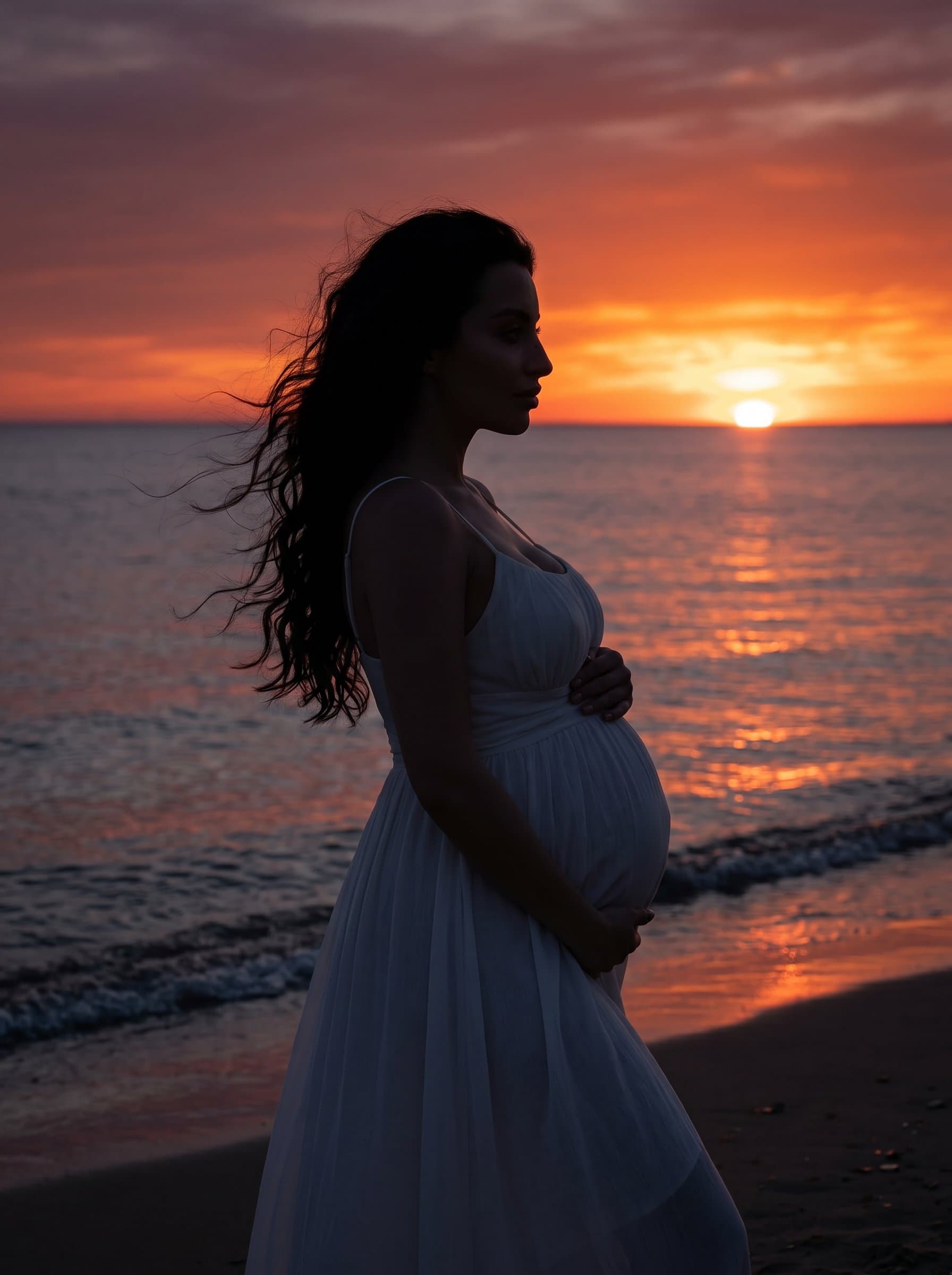 pregnant woman standing by the ocean at sunset, wi