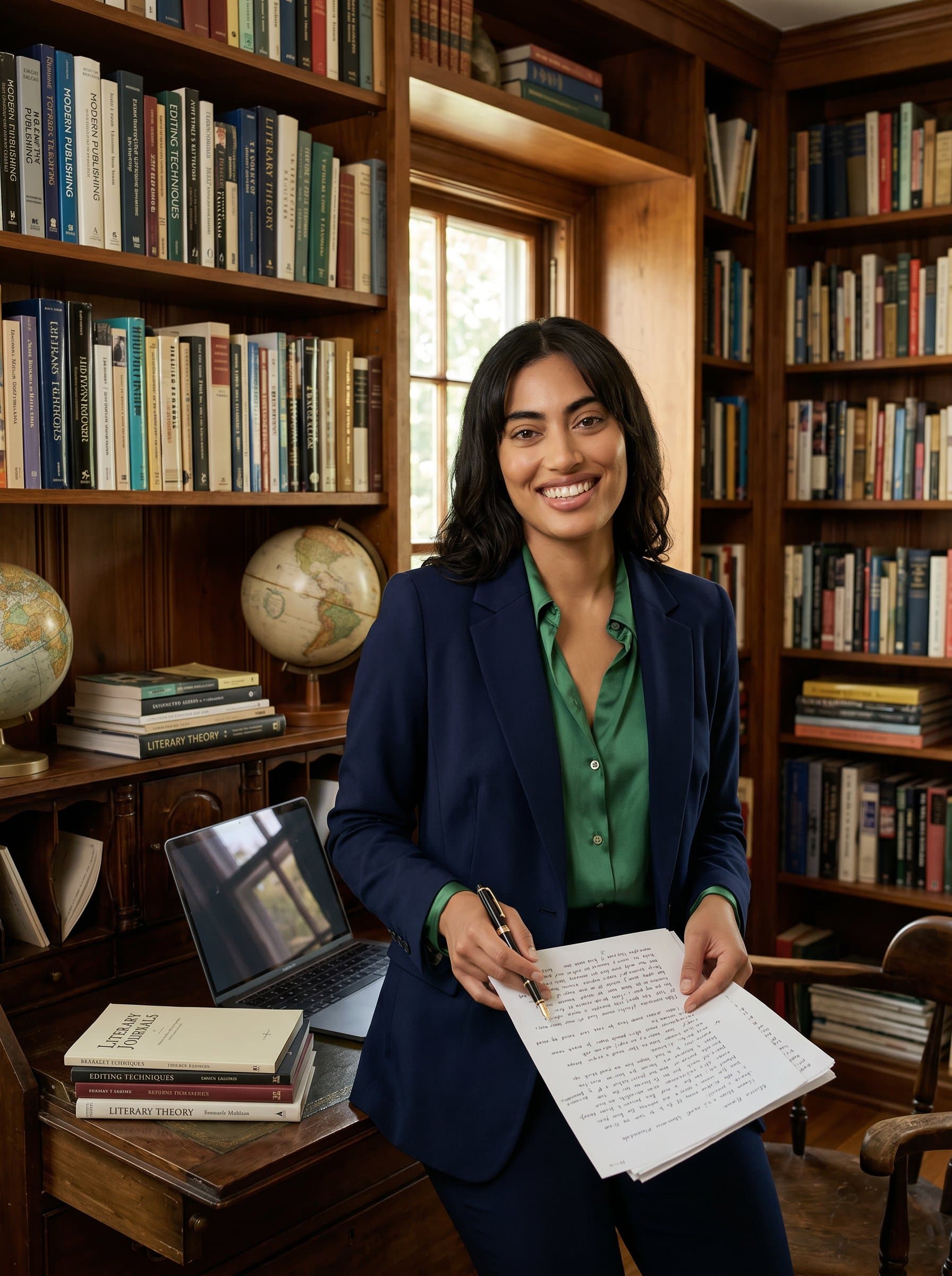 A personable in a cozy, book-lined study, wearing