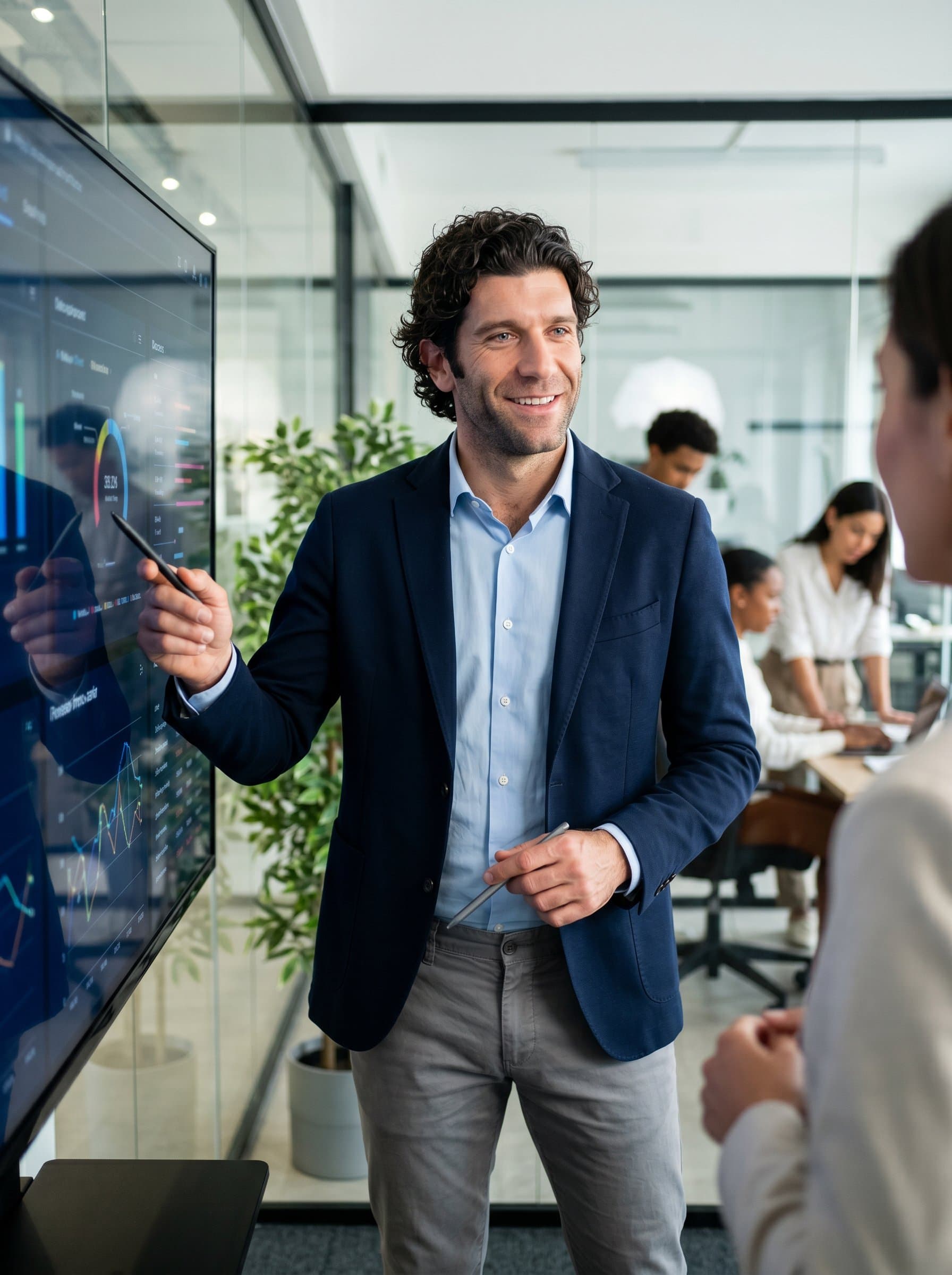 A charismatic inside a modern tech workspace, with