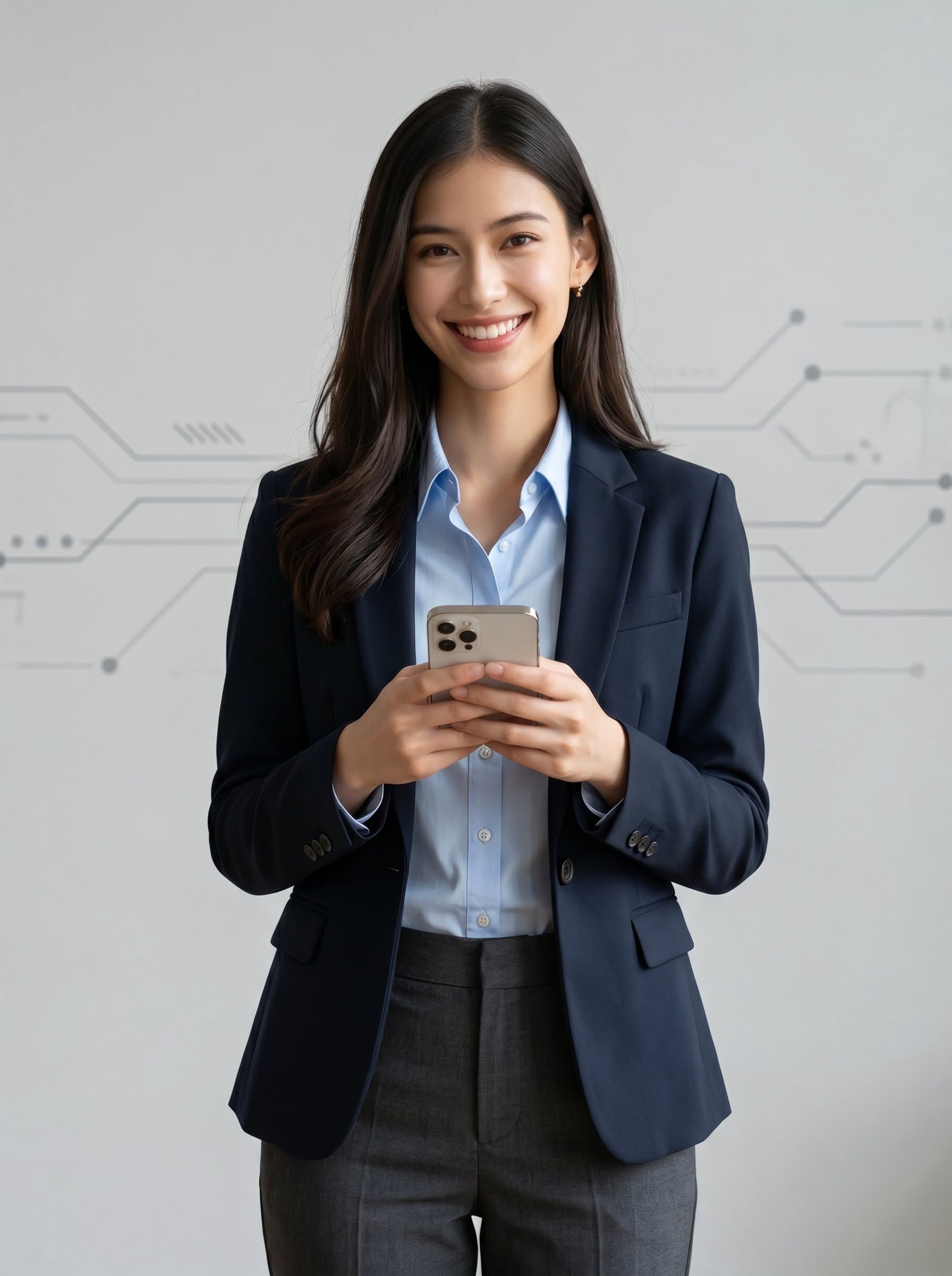 Smiling in a business casual ensemble, holding a s