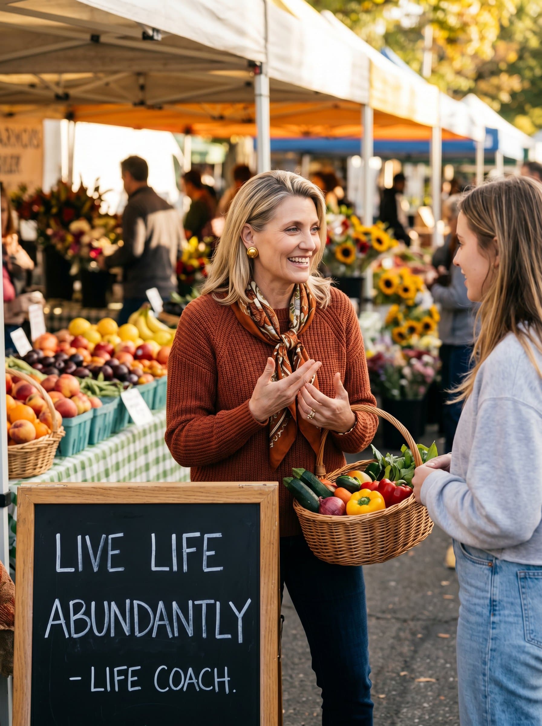 Capture a of a life coach at a vibrant farmer's ma