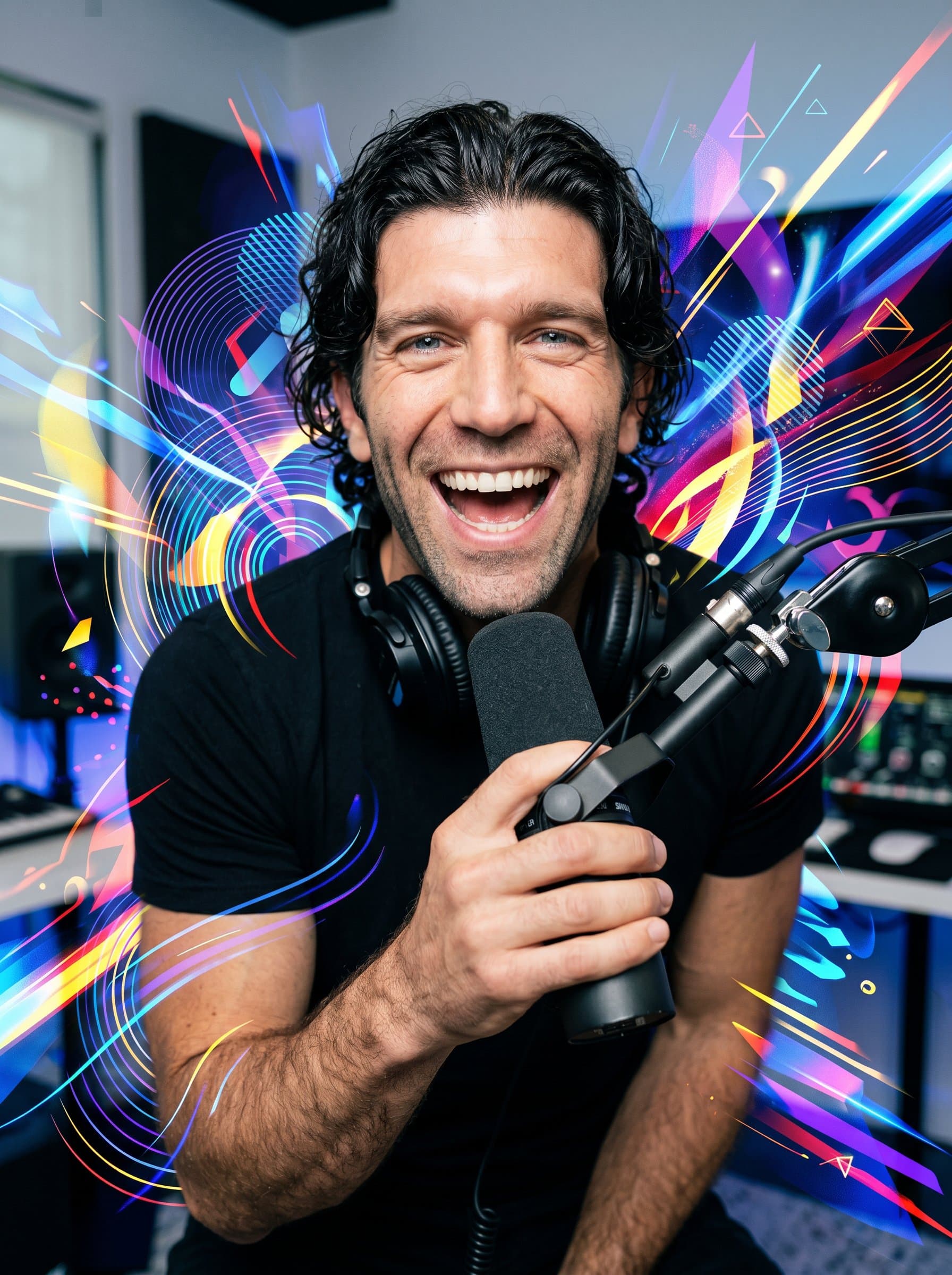 Dynamic portrait of a podcaster captured mid-laugh