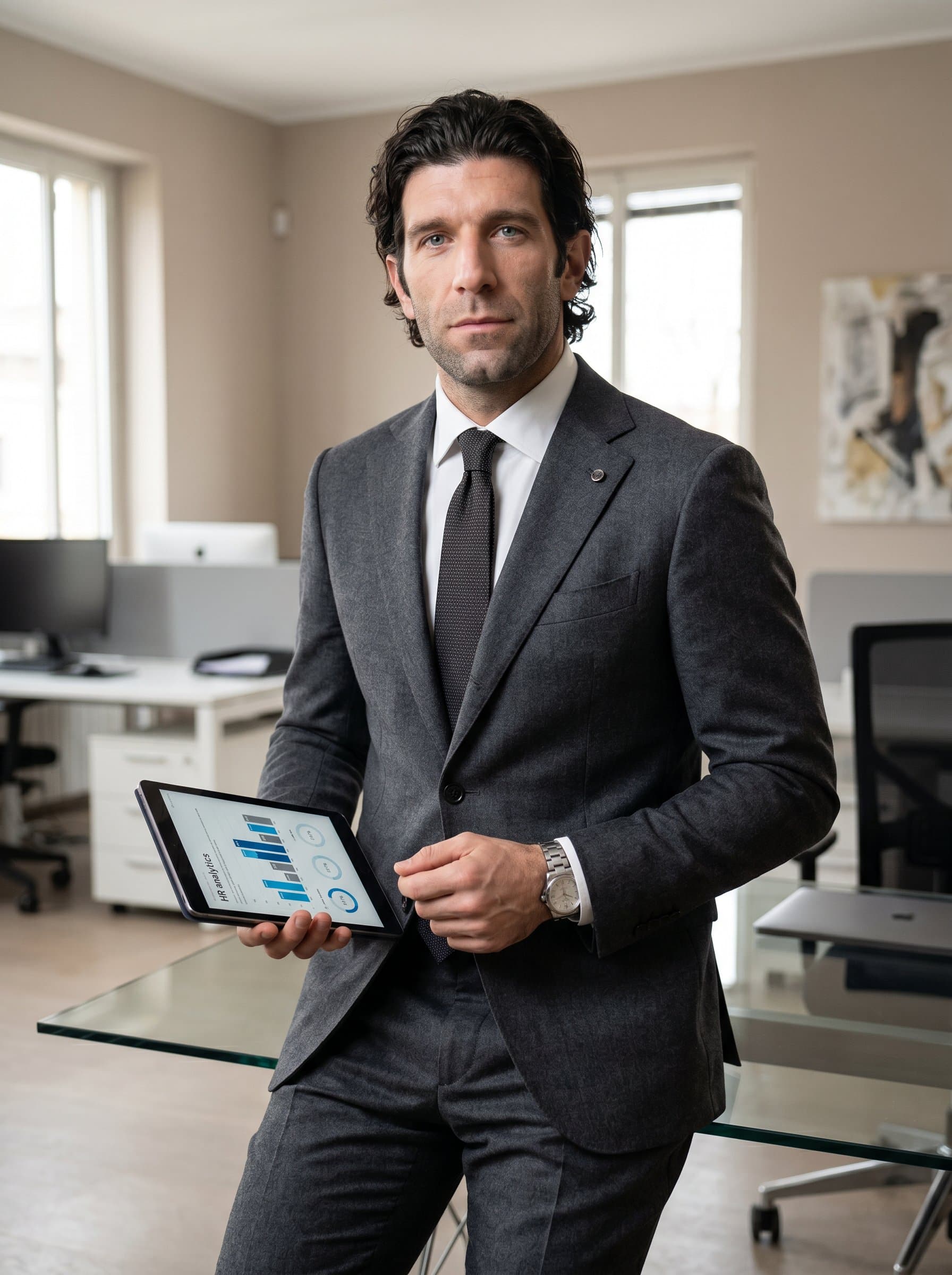 A HR strategist in a contemporary office space, wi