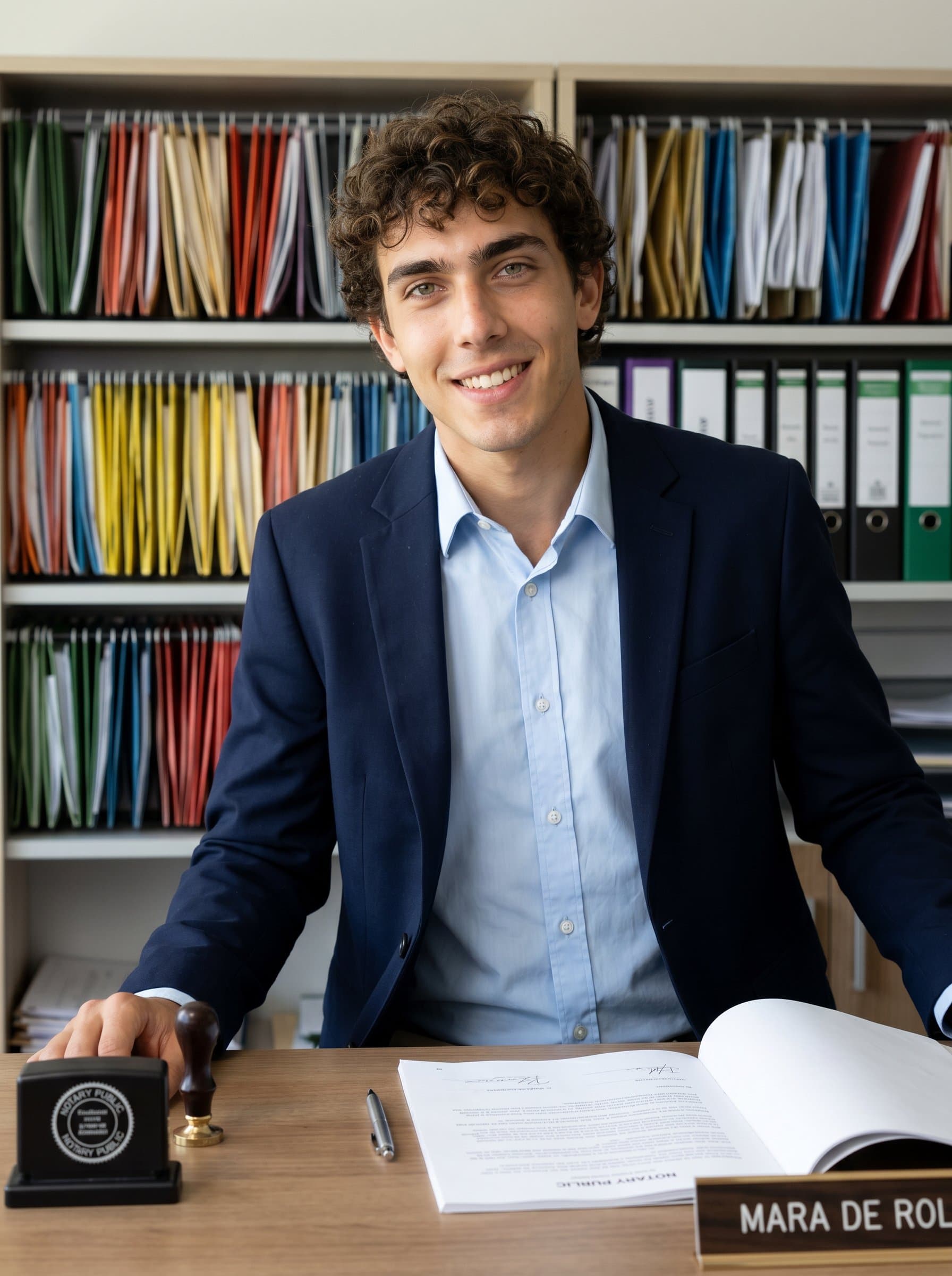 gently leaning on a desk, wearing a crisp formal s