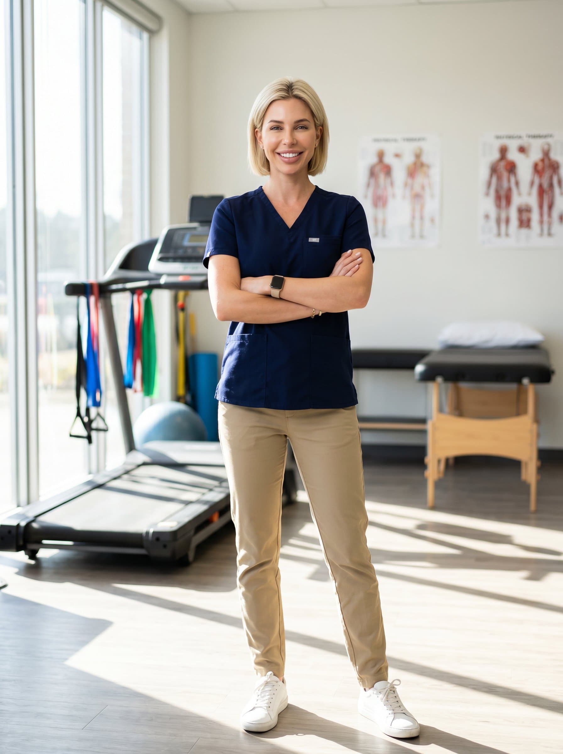 A gender-neutral physical therapist stands confide