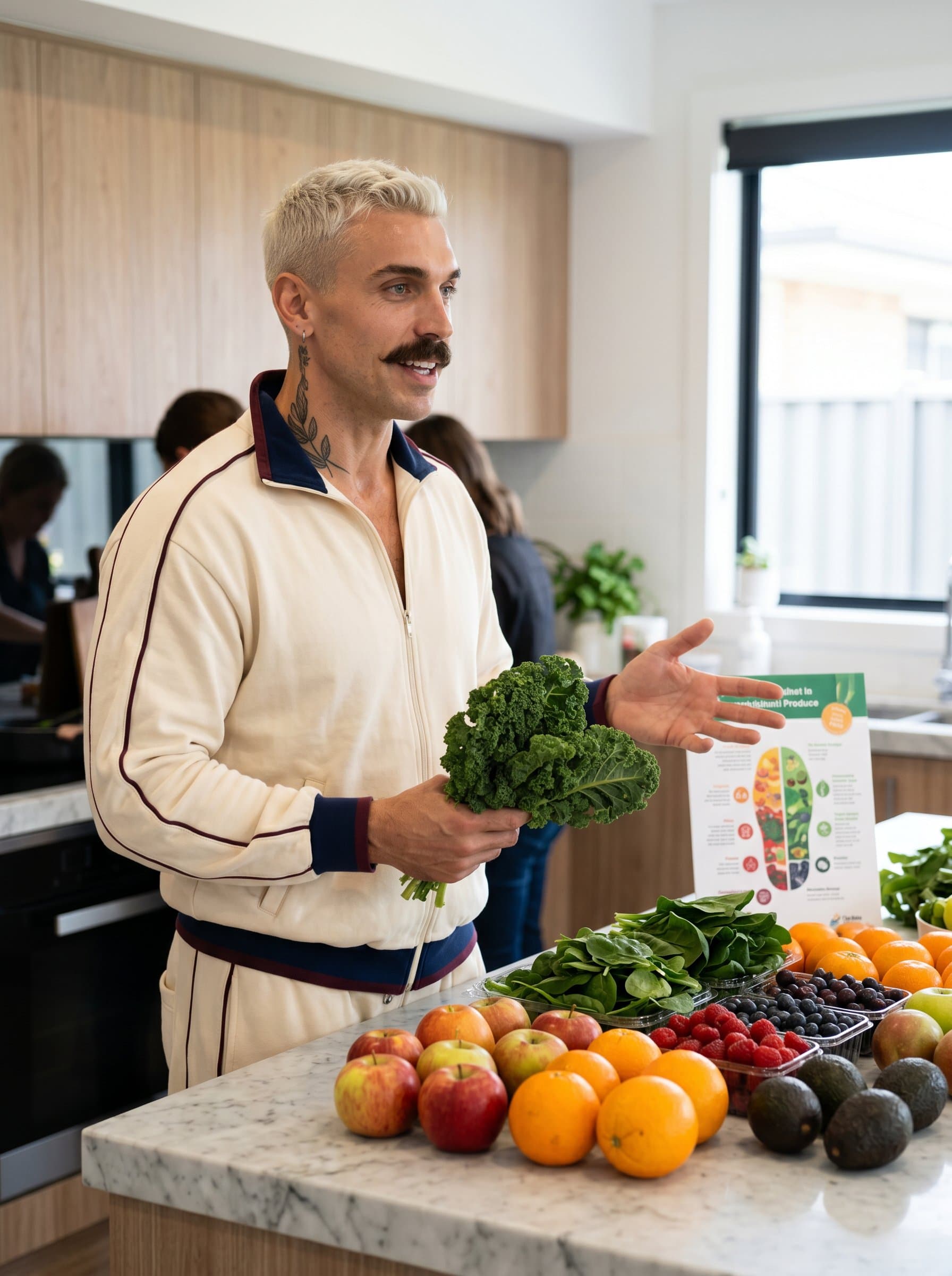 : A vibrant photo of a dietitian in a kitchen sett
