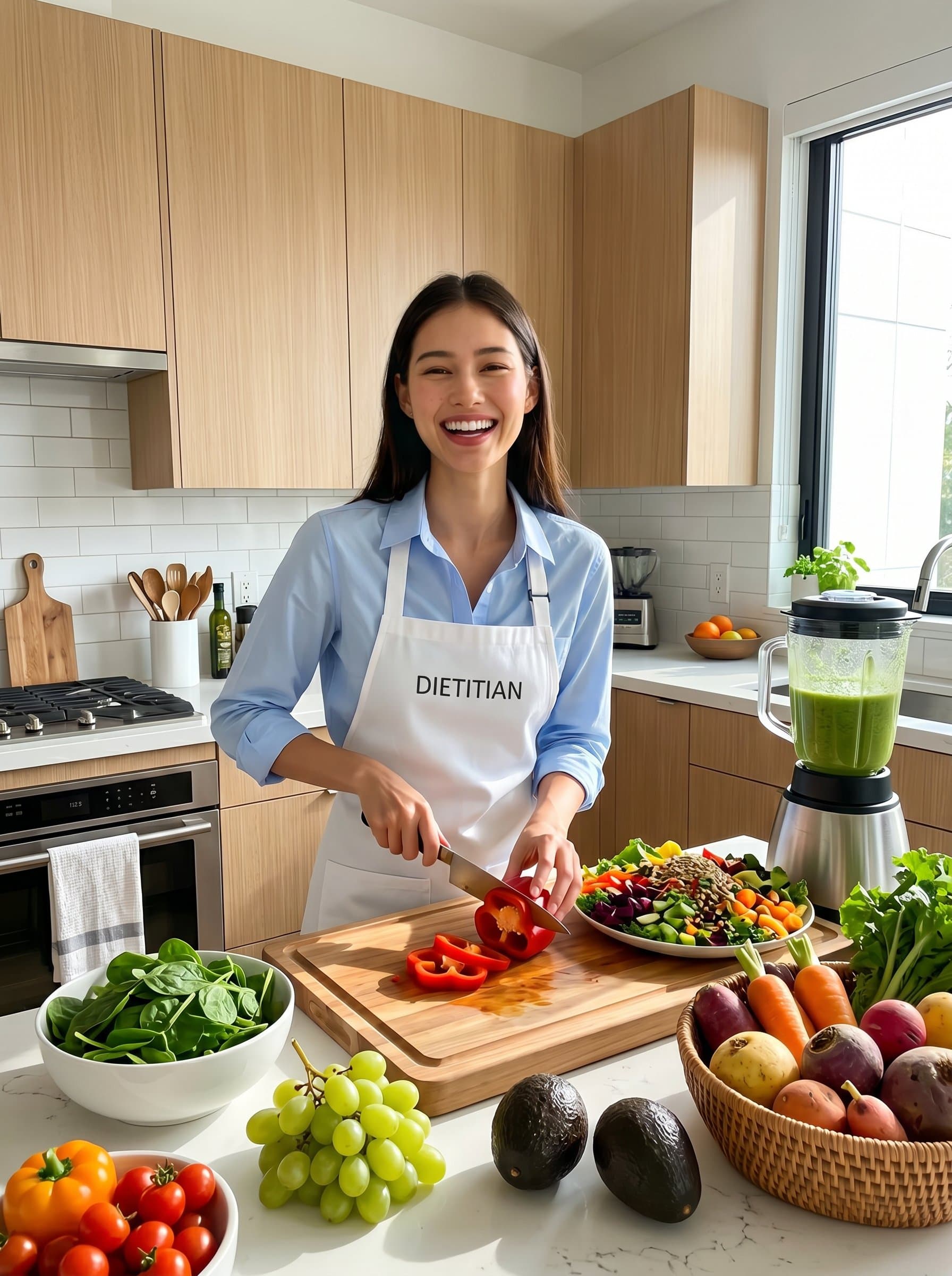 : A lively, colorful scene of a dietitian preparin