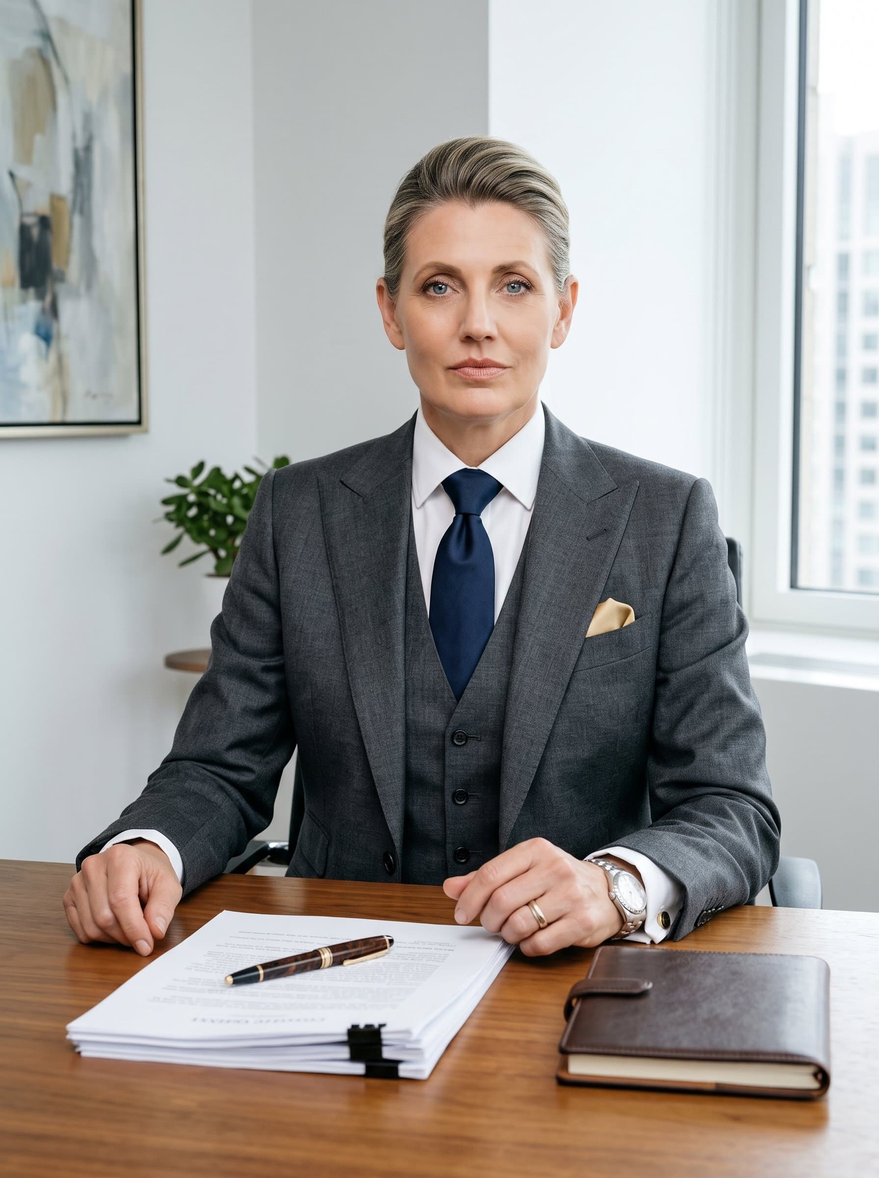 Present a in a classic tailored suit, seated confi